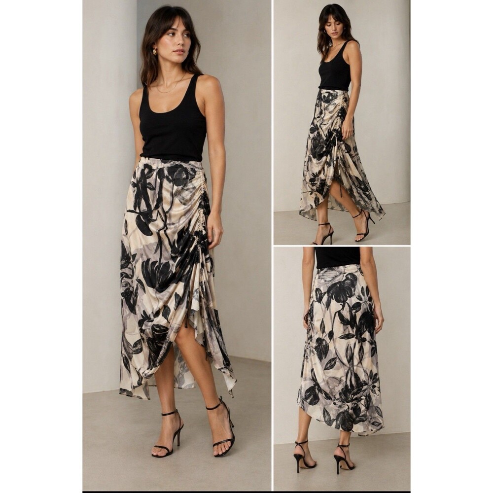 All Saints Black and Cream Floral Wrap Midi Skirt